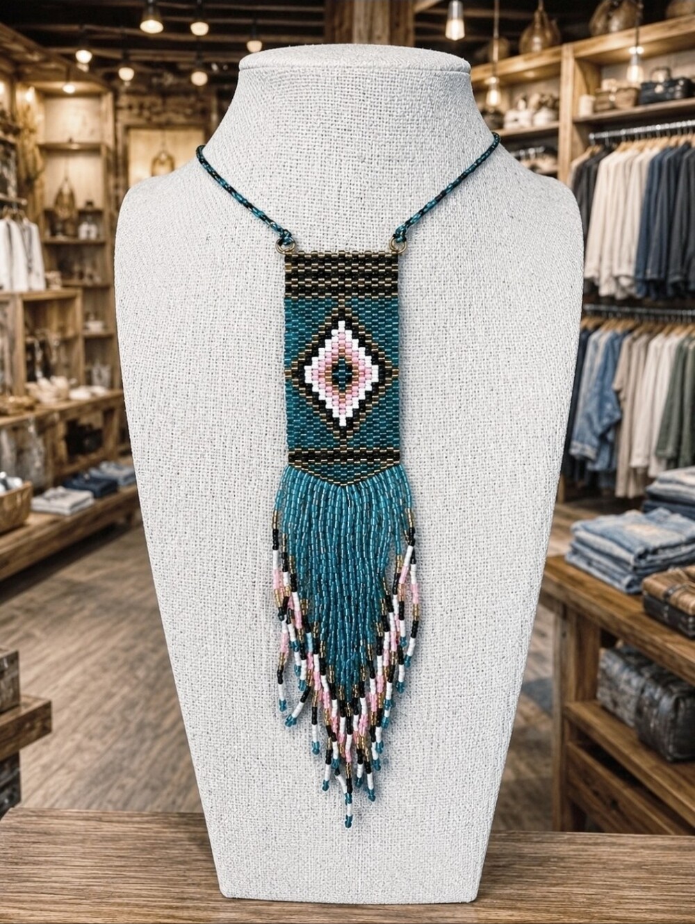Light Blue Pink Black White Seed Bead Vintage Corded Slide  Necklace Loom Work